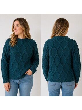 Vintage Cesarani Wool Cable Knit Sweater Women’s M Teal Hand Knitted Chunky